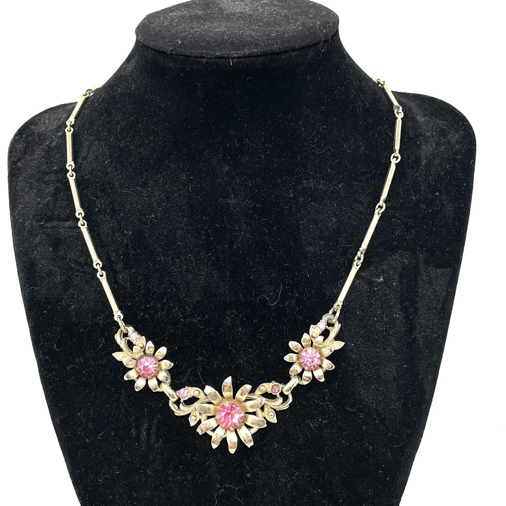 Vtg Estate Choker Necklace Gold Tone Snake Bead Chain Flower Pink Rhinestone
